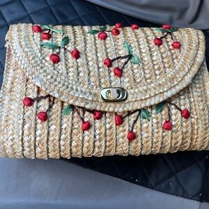 Straw Clutch with Red cherry Accents clutch/ shoulder bag